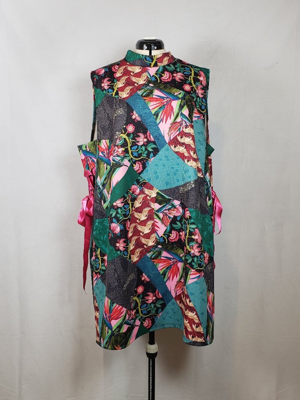Asos Patchwork Tropical Floral Mock Neck Side Tie Dress Playful Shift Size 22